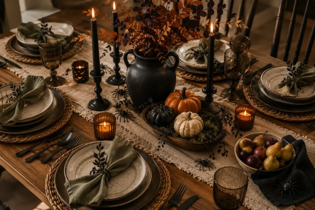 Black and gold Halloween table setting with stoneware plates