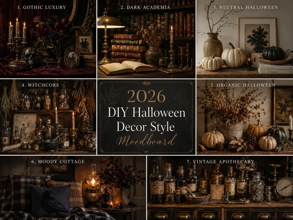 Moodboard of seven 2026 DIY Halloween decorating styles