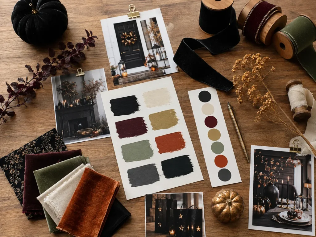 Flat lay of a Halloween decor color palette planning board