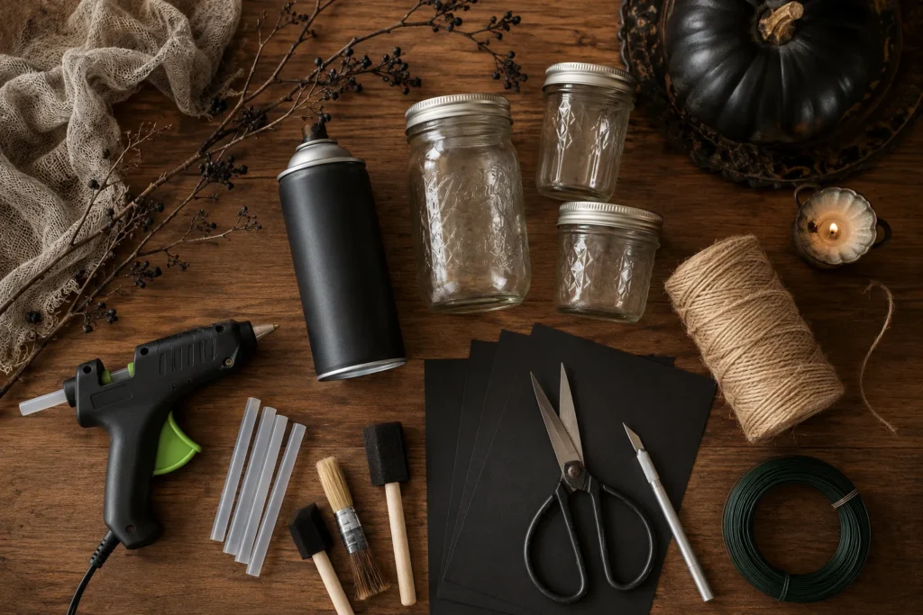 Flat lay of essential DIY Halloween decor craft supplies