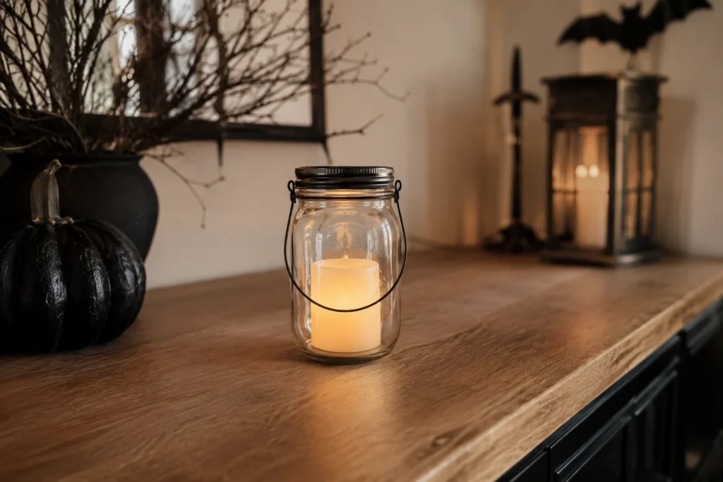 Flameless battery candle used safely in a DIY Halloween lantern