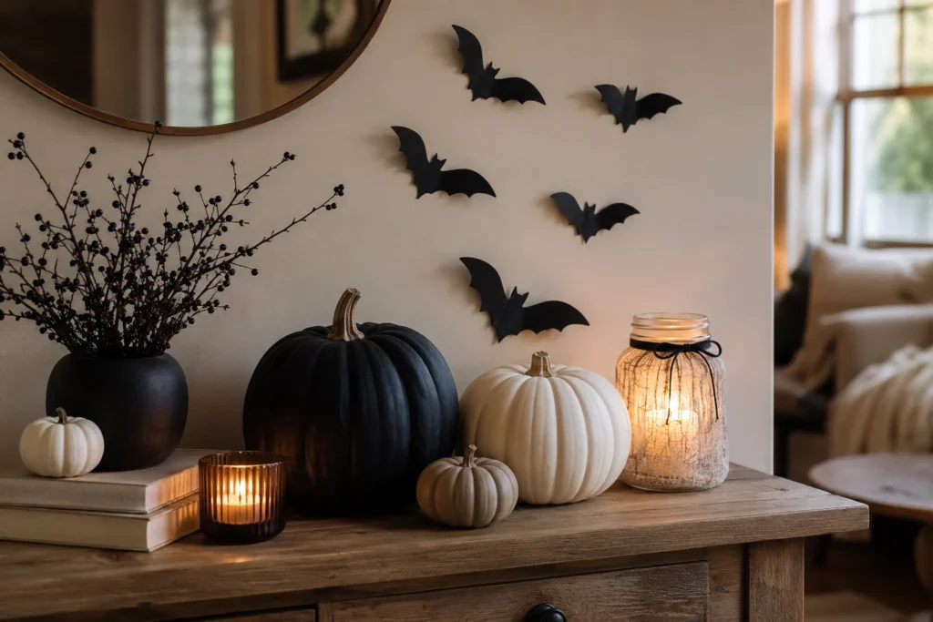 Beginner DIY Halloween decor projects styled on a console table