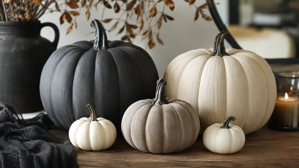 Charcoal and cream painted DIY faux pumpkins for Halloween decor