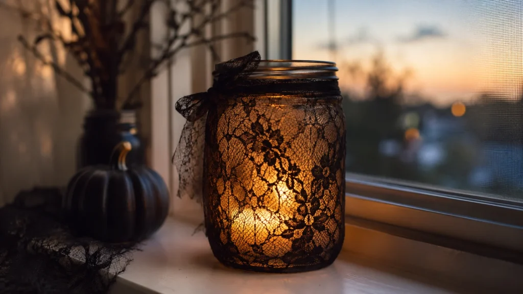 DIY mason jar lantern wrapped in black lace for Halloween