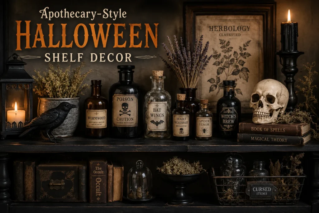 Intermediate DIY Halloween decor apothecary shelf display