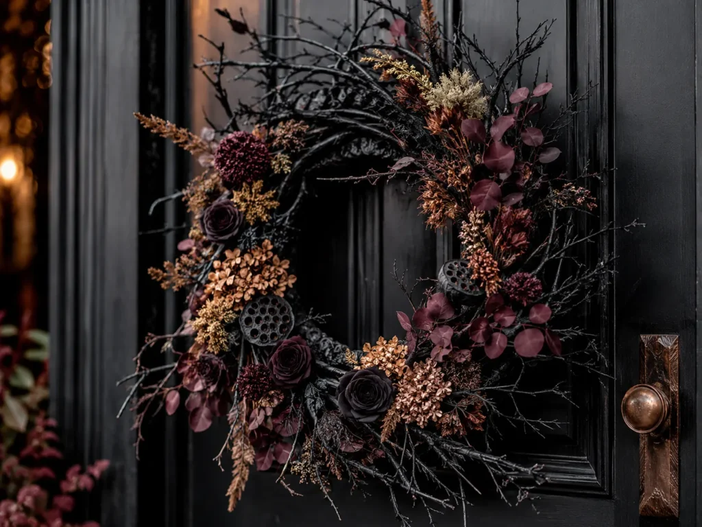 Handmade DIY Halloween wreath with dried florals and black branches