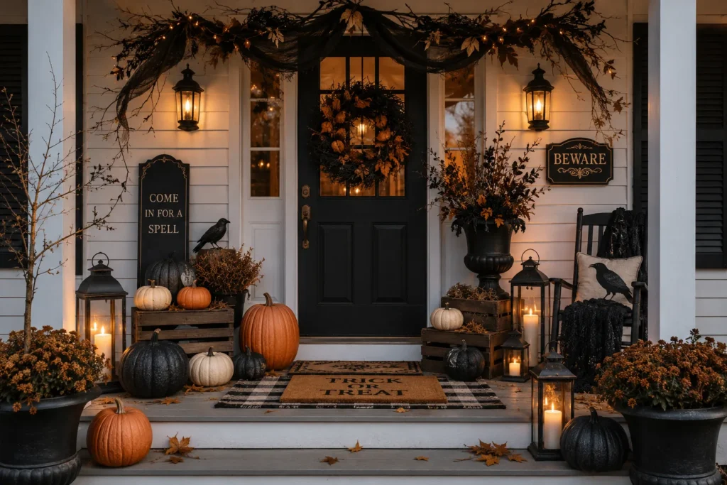 Halloween porch decor with lanterns and pumpkin crates