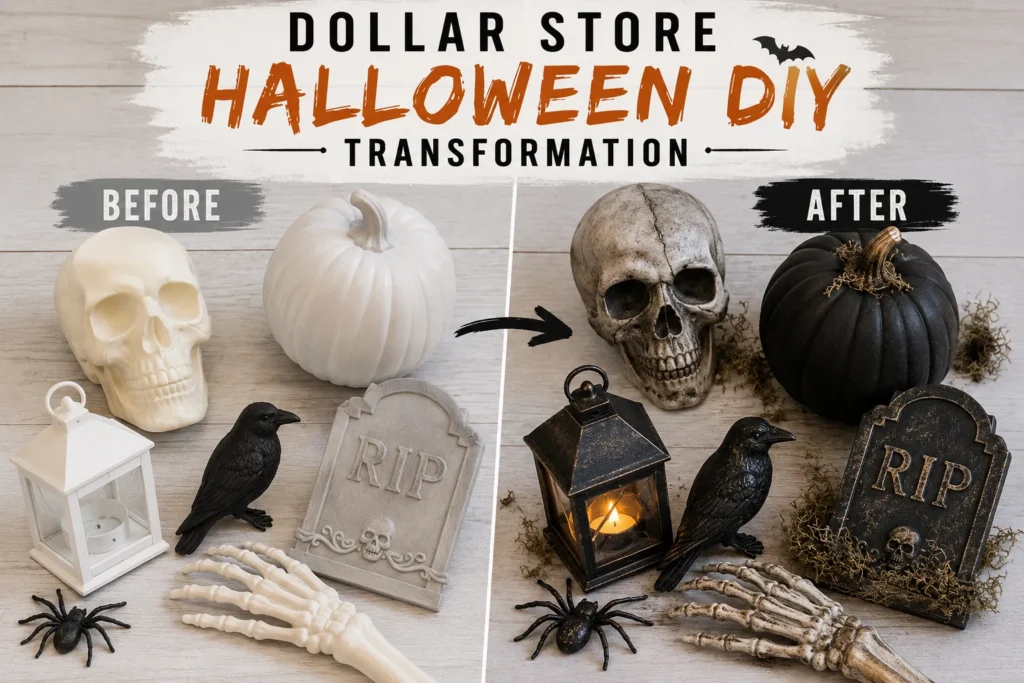 Before and after Dollar Store Halloween DIY makeover