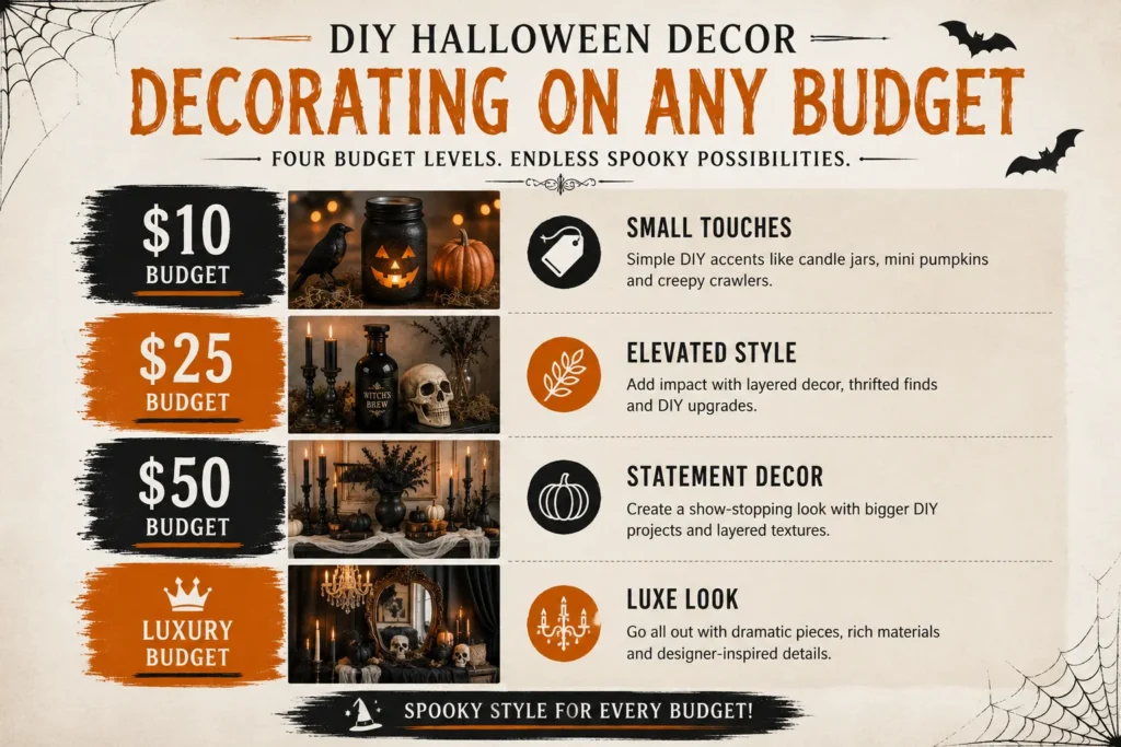 DIY Halloween decor budget tiers from ten to fifty dollars