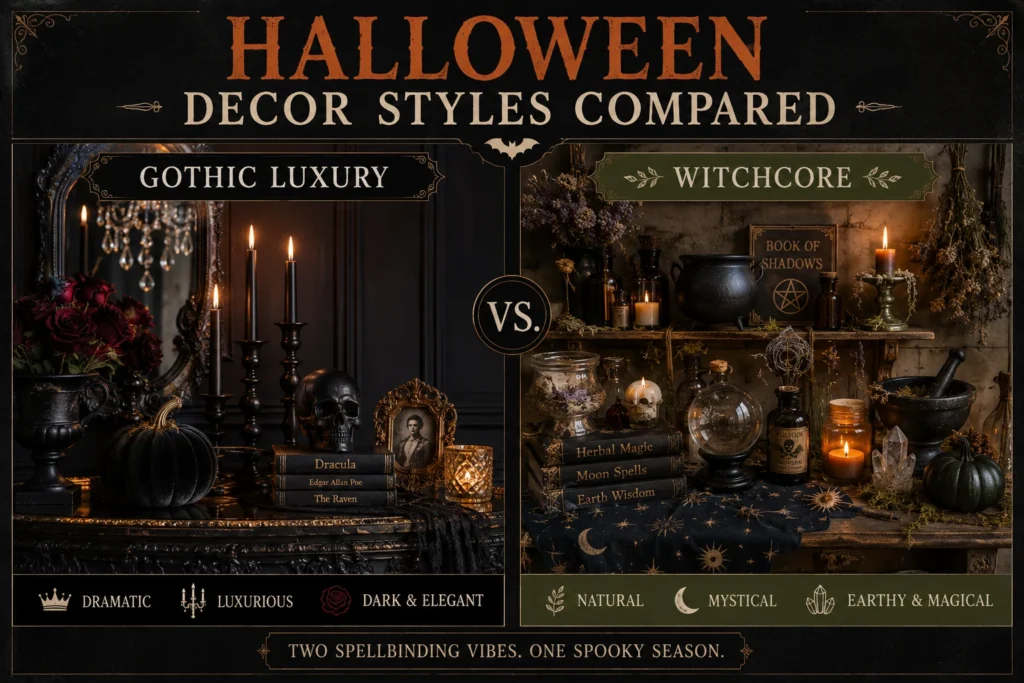 Gothic luxury versus witchcore DIY Halloween decor styles