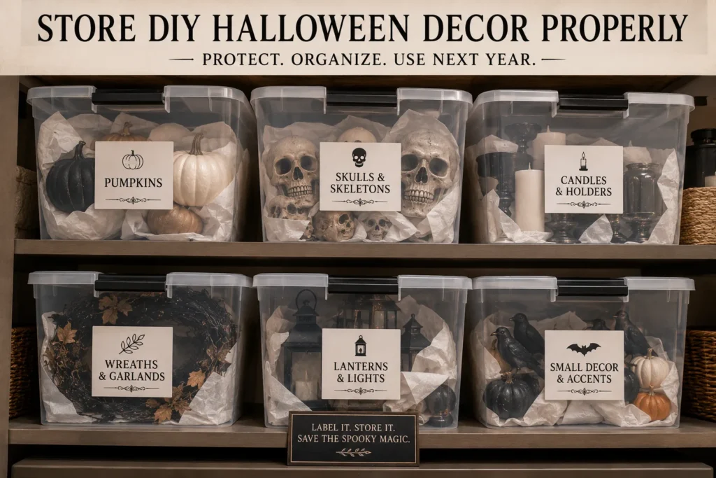 Labeled storage bins for organizing DIY Halloween decorations