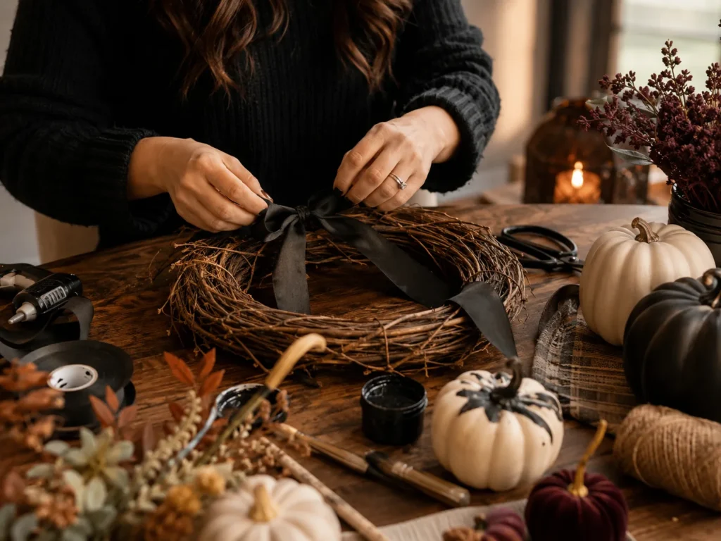 Hands crafting DIY Halloween decorations at a weekend project table