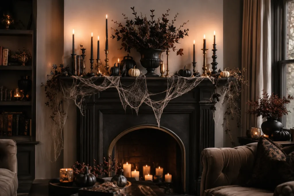 Designer-style DIY Halloween fireplace mantel with candles