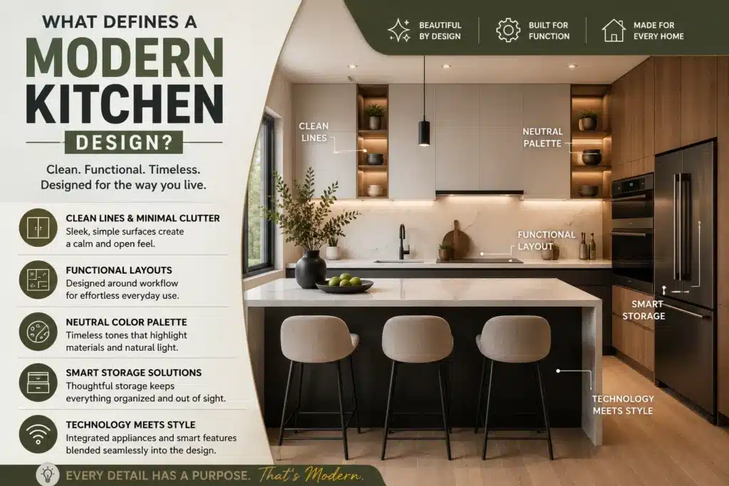Modern kitchen design with clean lines, neutral colors, smart storage, functional layout, and integrated appliances showcasing the defining features of contemporary kitchens.