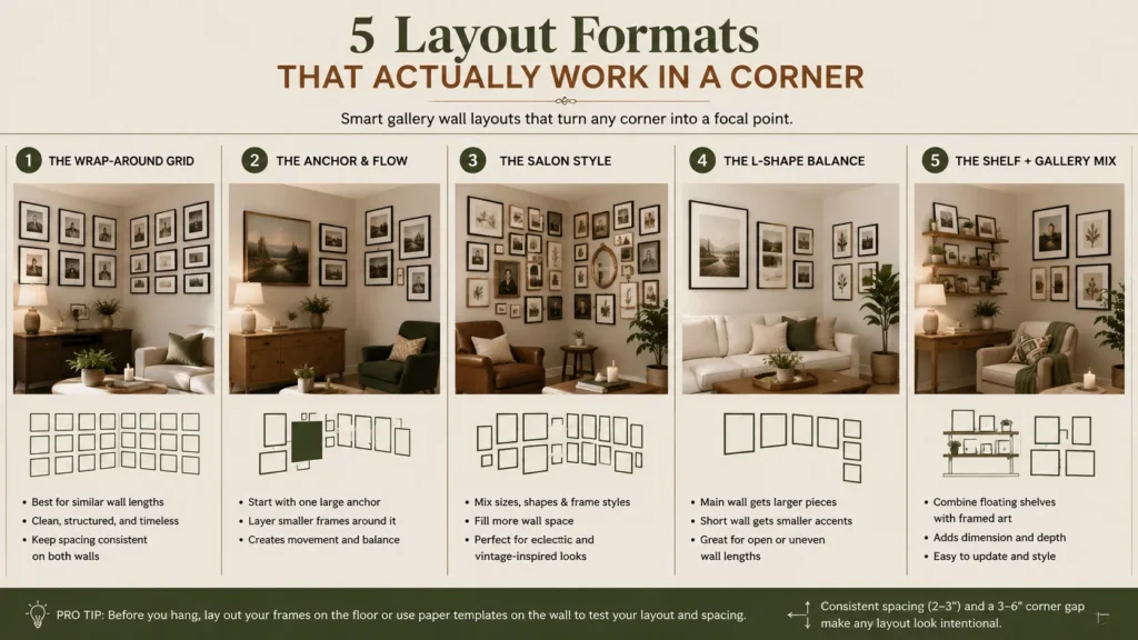 Infographic showing five corner wall gallery layout ideas including wrap-around grid, vertical column, L-shape anchor, asymmetrical cluster, and floating shelf gallery for living room corners