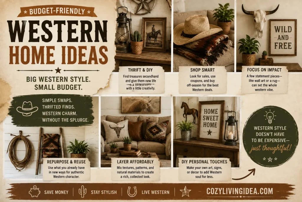 Budget-friendly Western home decor ideas with thrifted finds, DIY accents, Southwestern textiles, rustic wood, and affordable cowboy-inspired decor