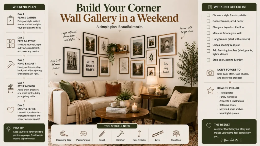 Step-by-step weekend guide for building a corner wall gallery in a living room with layout planning, frame hanging, spacing tips, and finishing touches