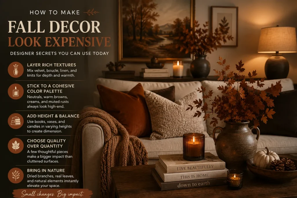 Elegant fall living room with layered neutral textures, warm wood accents, ambient lighting, and designer autumn decor for a luxurious look