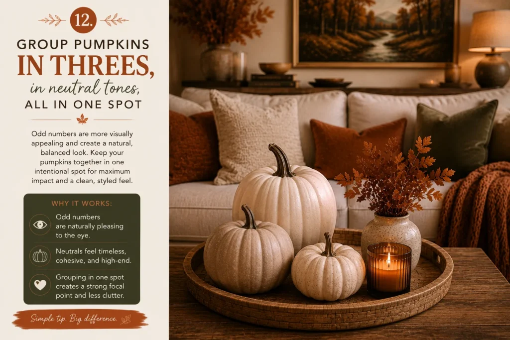 Neutral pumpkins grouped in threes on a living room coffee table to create a balanced and cozy fall focal point
