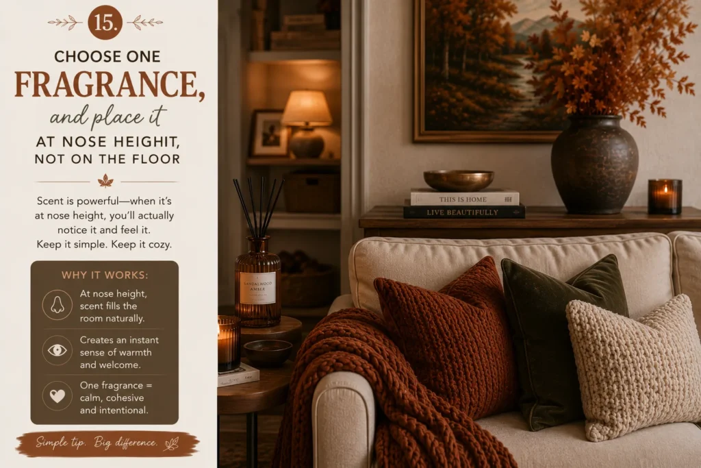 Autumn reed diffuser placed at nose height beside a sofa to create a warm and inviting fall living room atmosphere