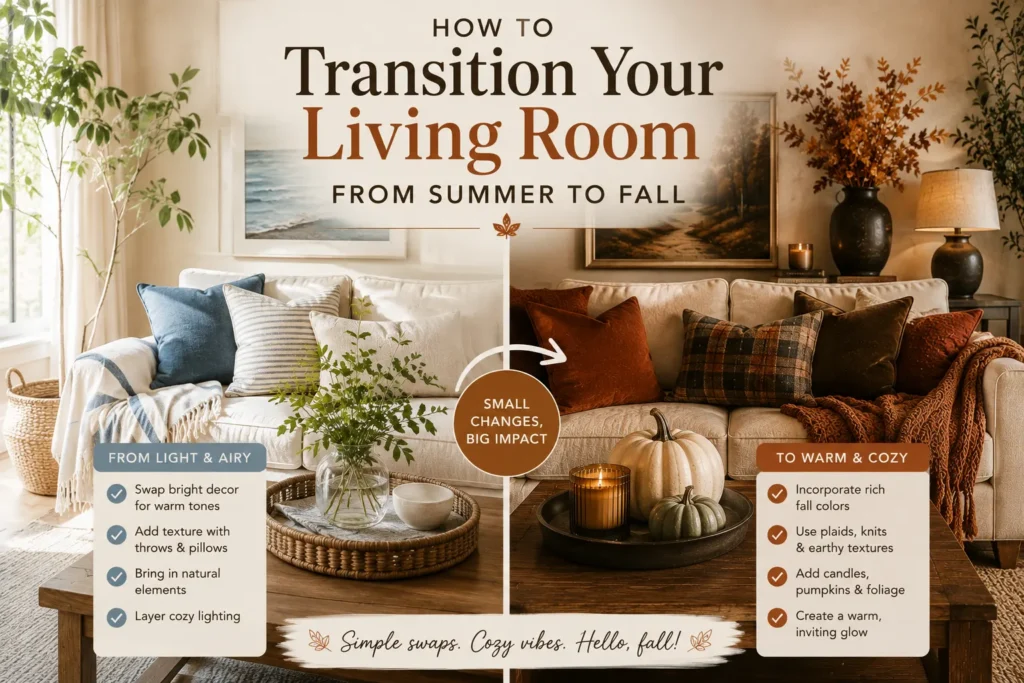 Summer-to-fall living room transition showing bright blue accents replaced with rust pillows, cozy throws, pumpkins, candles, and warm autumn decor
