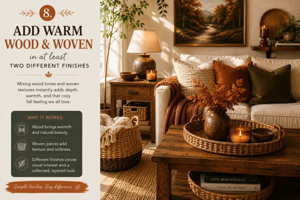 Fall living room styled with warm wood furniture and woven decor in two different finishes for a cozy layered autumn look
