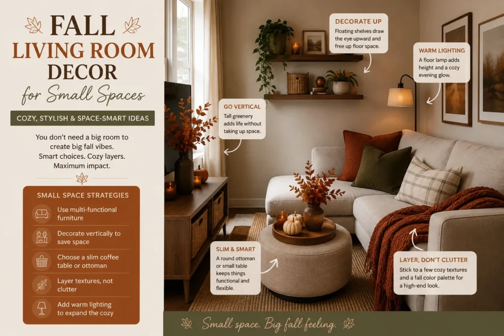 Small fall living room with space-saving furniture, warm autumn accents, layered textures, floating shelves, and cozy apartment decor