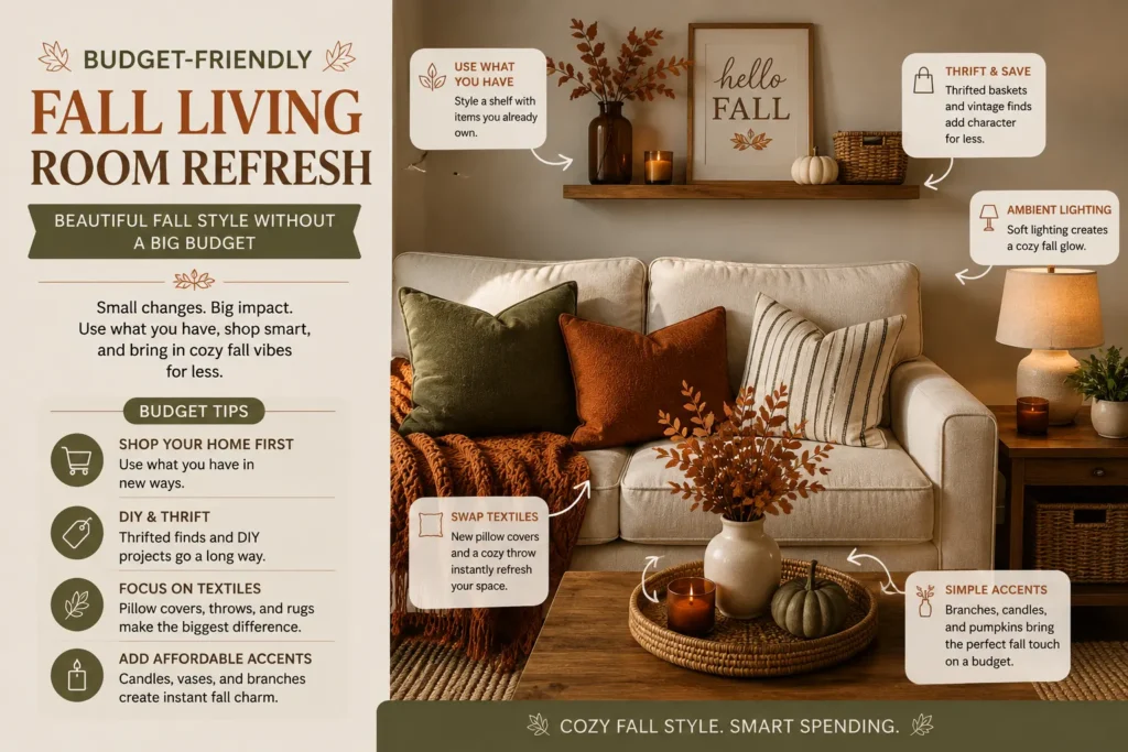 Budget-friendly fall living room refresh with cozy autumn pillows, warm throw blanket, candles, pumpkins, thrifted decor, and affordable seasonal styling ideas