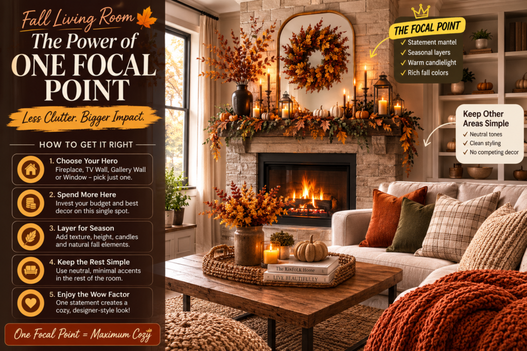 Fall living room featuring one statement focal point with layered autumn decor, warm textures, and balanced styling for a designer-inspired look