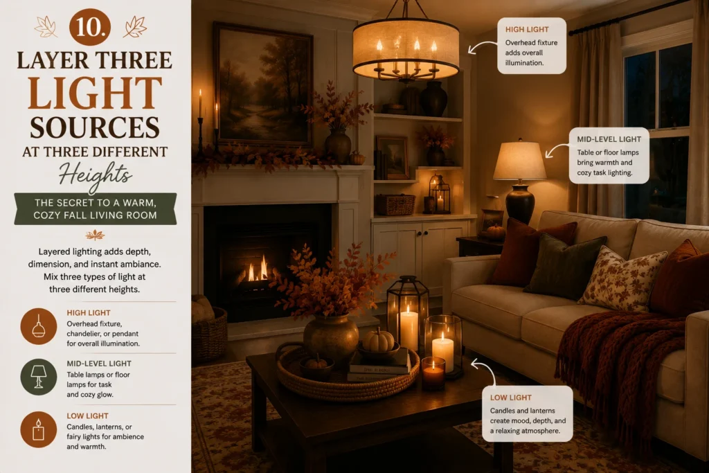 Cozy fall living room with layered lighting using an overhead pendant, table lamp, and candles at three different heights for a warm autumn atmosphere