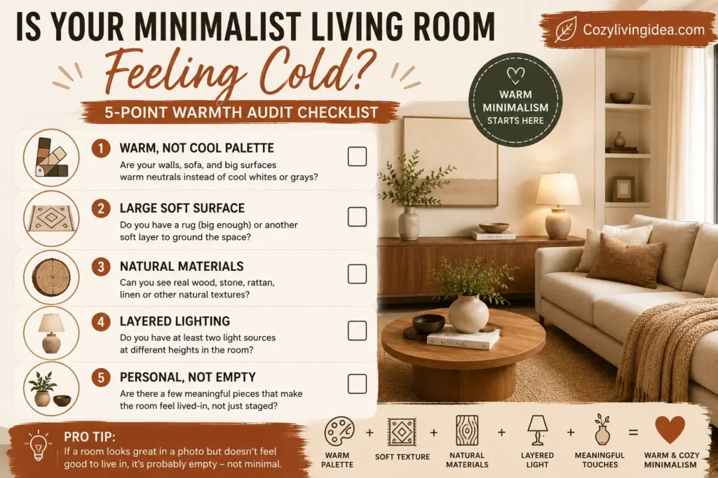 Checklist graphic for diagnosing why a minimalist living room feels cold