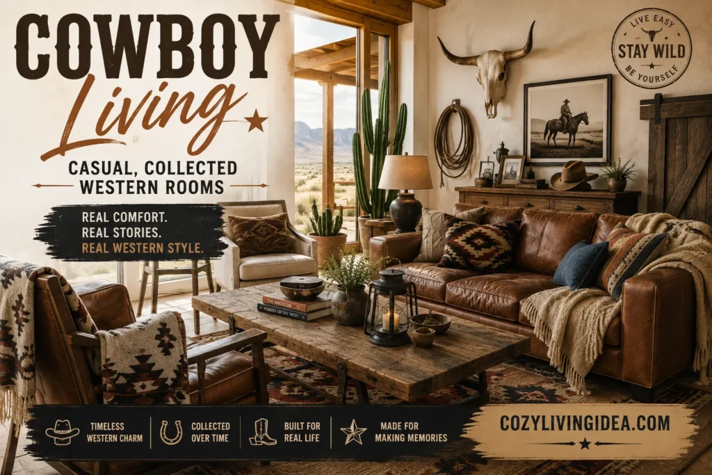 Cowboy living room with leather furniture, rustic wood, Southwestern textiles, vintage Western art, and casual collected ranch decor