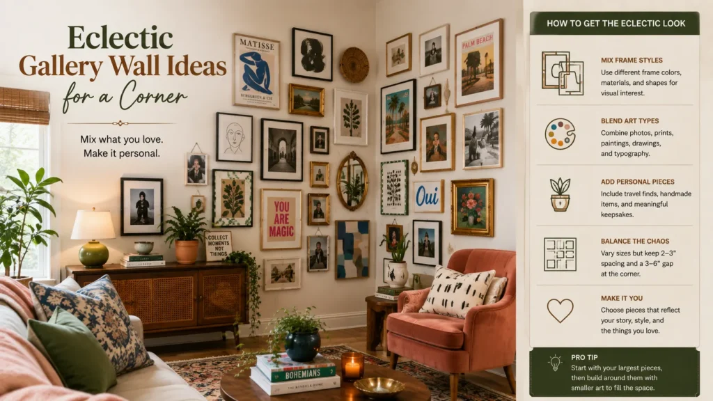 Eclectic gallery wall ideas for a corner featuring mixed frame styles, colorful artwork, personal photos, decorative mirrors, plants, and layered decor in a cozy living room