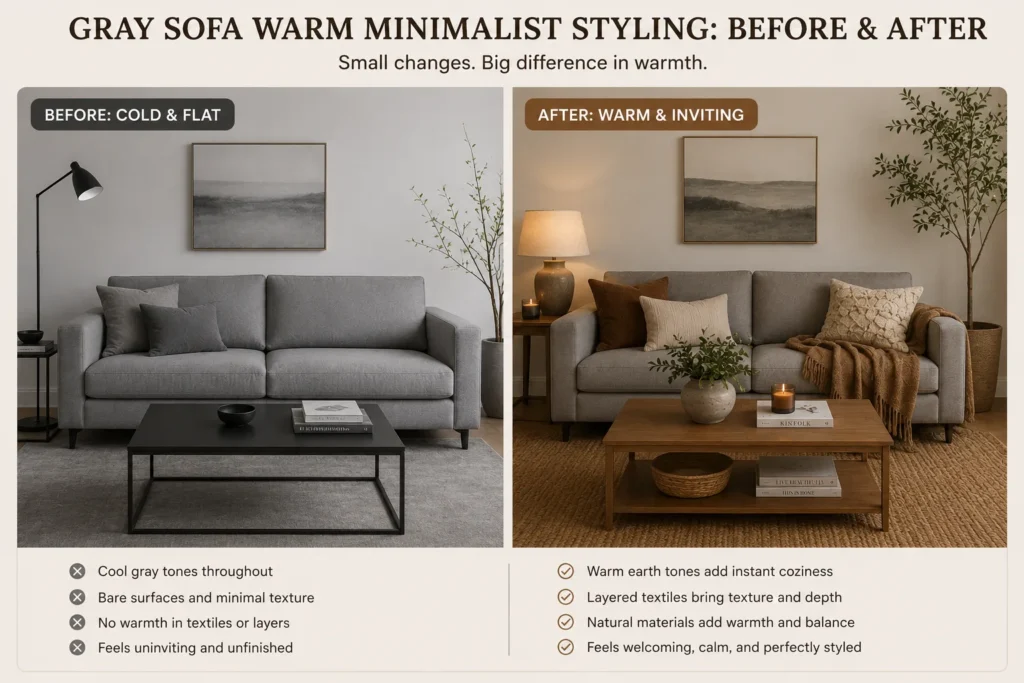 Before and after styling a gray sofa in a warm minimalist living room using earthy textiles, layered lighting, natural wood furniture, and cozy neutral decor