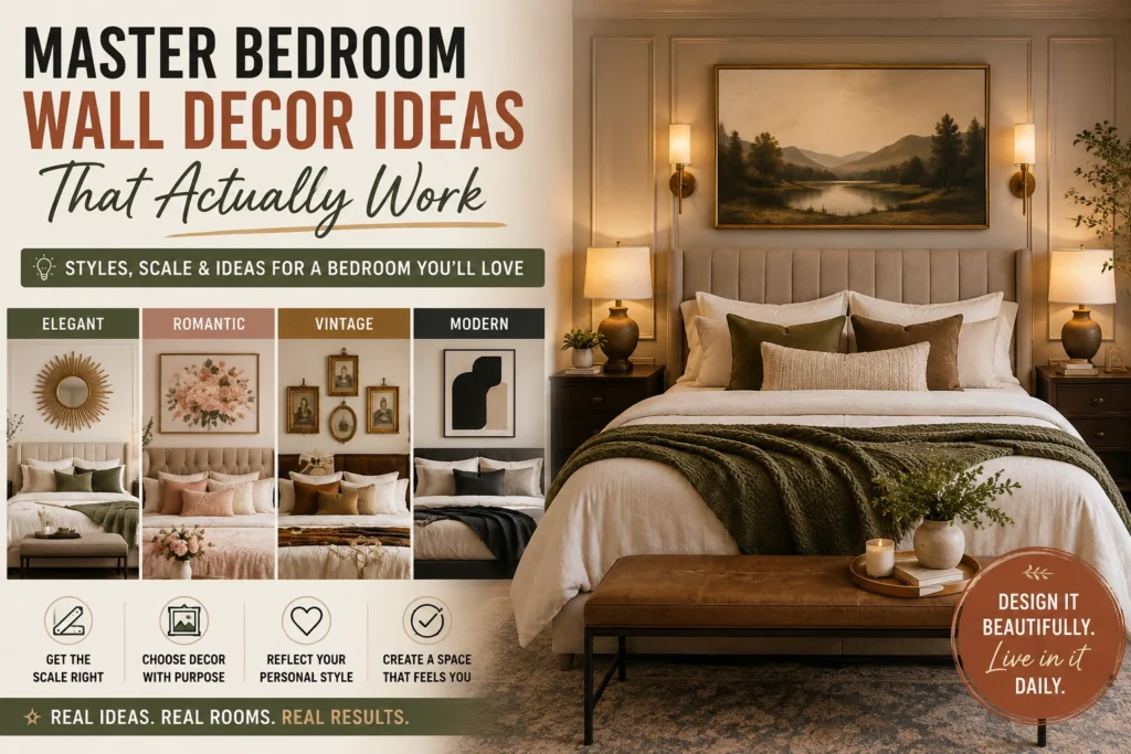 Master bedroom wall decor ideas featuring elegant, romantic, vintage, and modern styles above the bed