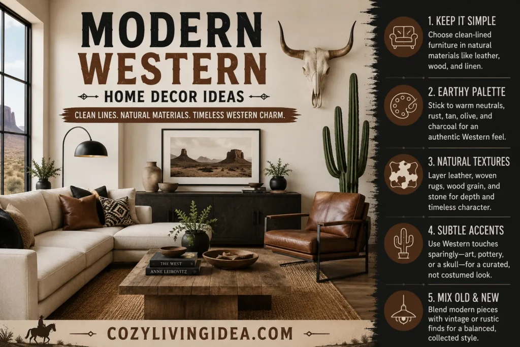 Modern Western home decor ideas with clean-lined furniture, leather accents, natural wood, earthy colors, and subtle Western details