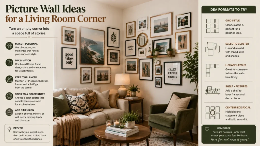 Picture wall ideas for a living room corner featuring a wrap-around gallery wall with family photos, artwork, mixed frames, floating shelves, and cozy modern decor