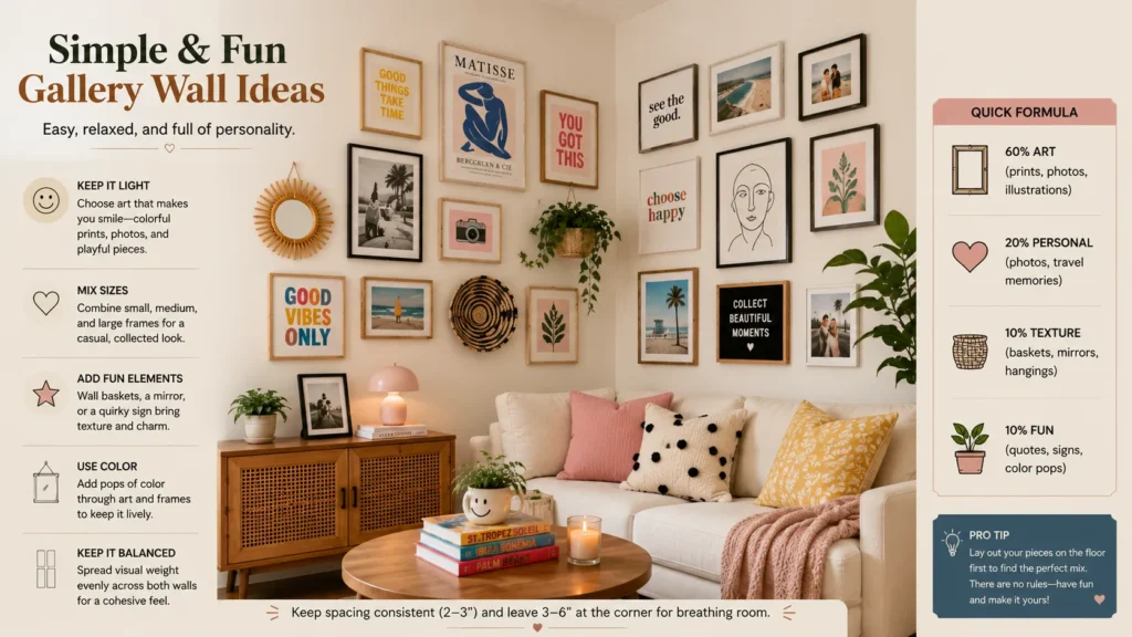 Simple and fun corner gallery wall ideas with colorful prints, personal photos, playful signs, mixed frame sizes, and decorative accents in a cozy living room