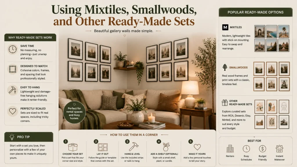 Ready-made corner gallery wall ideas using Mixtiles, Smallwoods, and curated frame sets to create a stylish living room gallery wall with minimal effort