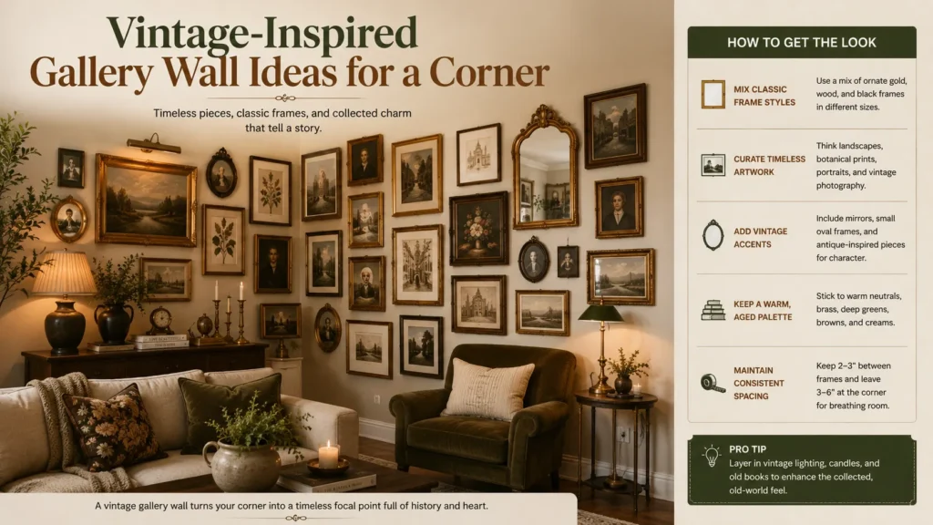 Vintage-Inspired Corner Gallery Wall Ideas for Living Rooms