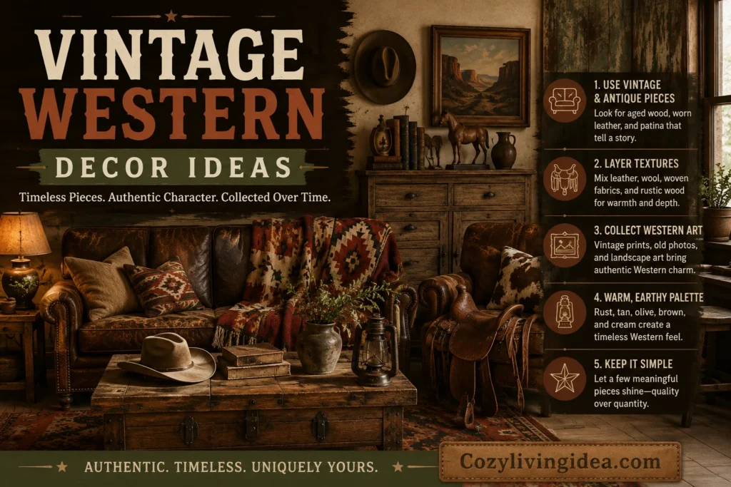 Vintage Western decor ideas with worn leather furniture, reclaimed wood, Southwestern textiles, antique accents, and warm earthy colors