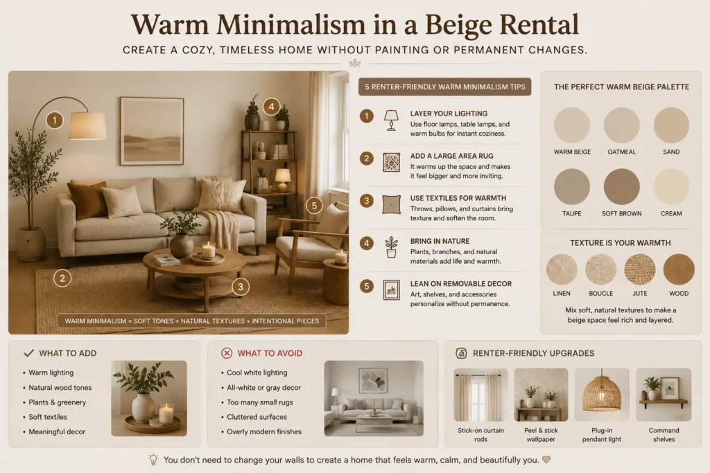 Warm minimalist living room in a beige rental featuring layered lighting, natural wood furniture, neutral textiles, renter-friendly decor, and cozy styling ideas