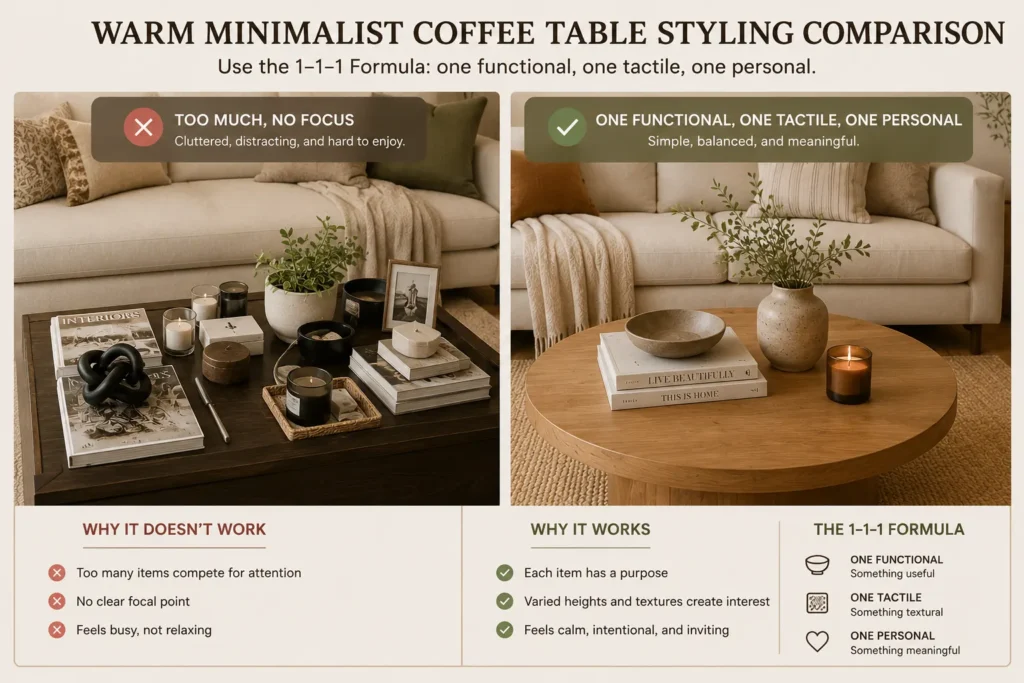 Side-by-side comparison showing the right and wrong way to style a coffee table in a warm minimalist living room using the one-functional, one-tactile, one-personal formula