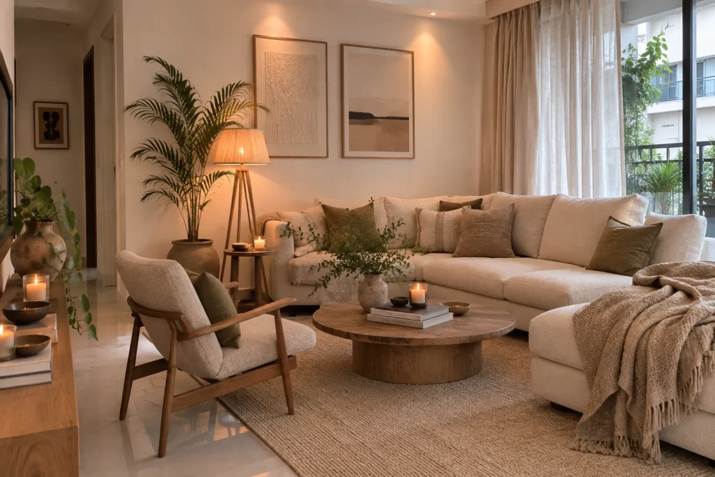 Warm minimalist living room with cream sectional sofa, wood coffee table, layered lighting, textured rug, and natural wood furniture
