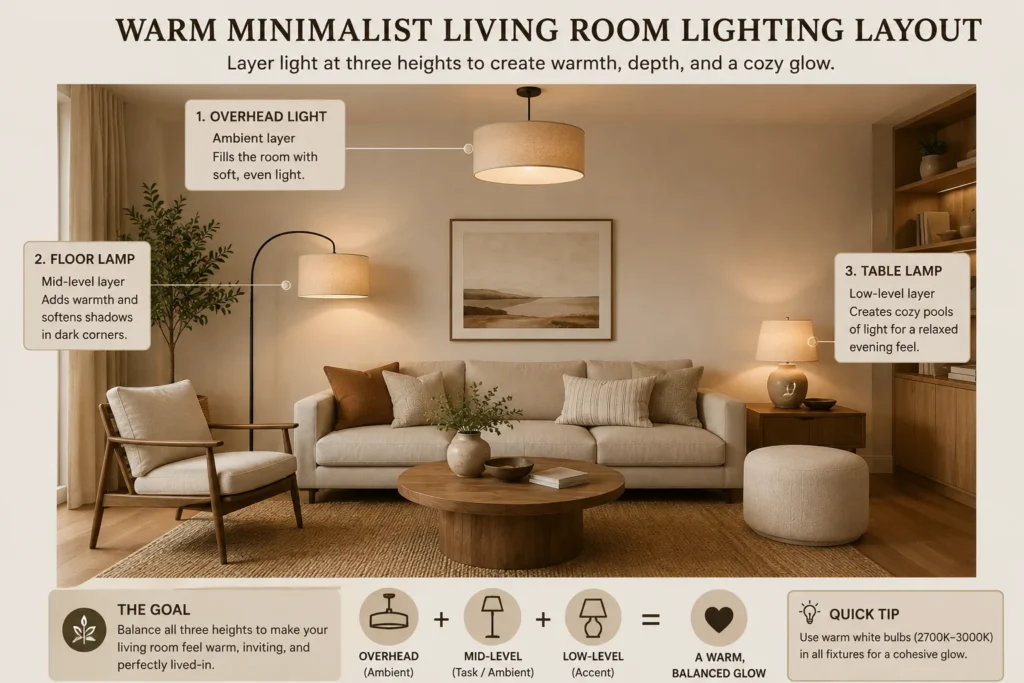 Warm minimalist living room lighting layout showing overhead, floor lamp, and table lamp placement for layered ambient lighting