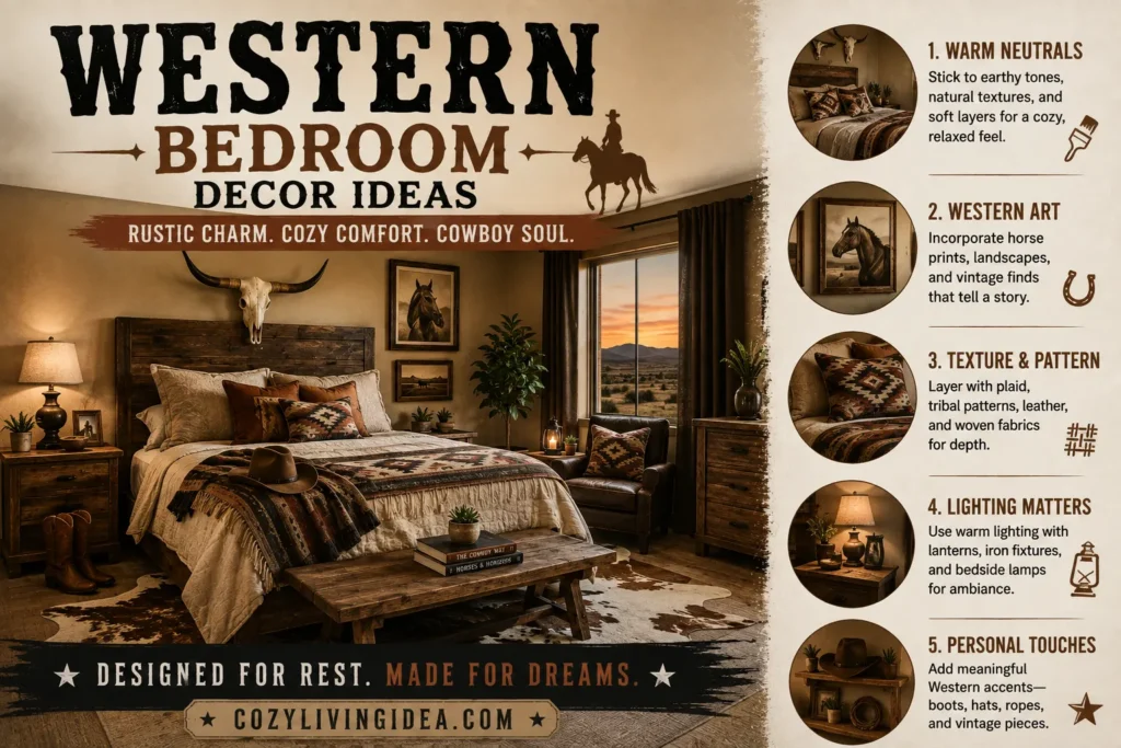 Western bedroom decor ideas with a rustic wood bed, Southwestern bedding, cowboy accents, vintage Western art, and warm earthy tones