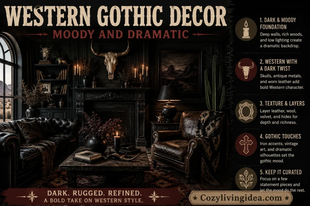 Western Gothic decor with dark walls, worn leather furniture, wrought iron accents, vintage artwork, and layered moody Western textures