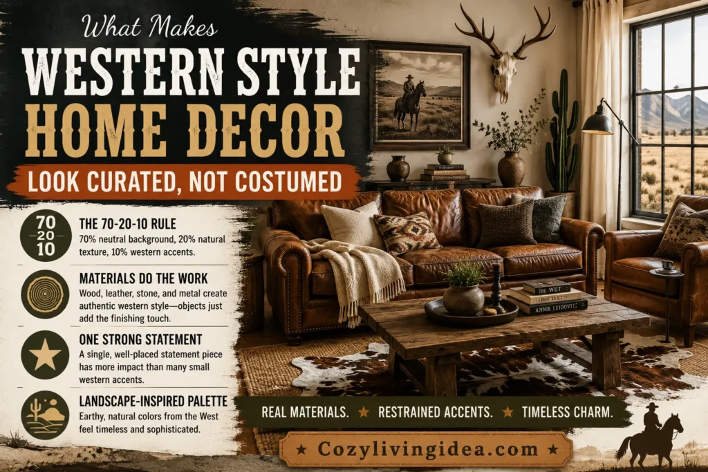 Curated western style home decor with leather, natural wood, earthy colors, and restrained Western accents