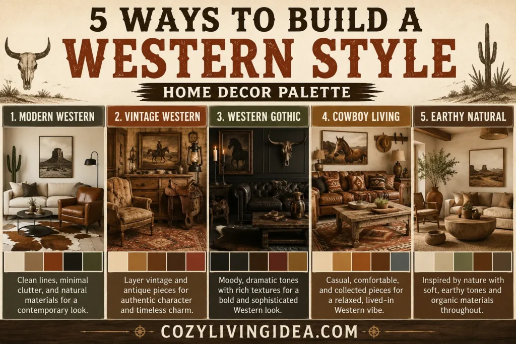 5 western style home decor palette ideas featuring modern Western, vintage Western, Western Gothic, cowboy living, and rustic ranch styles