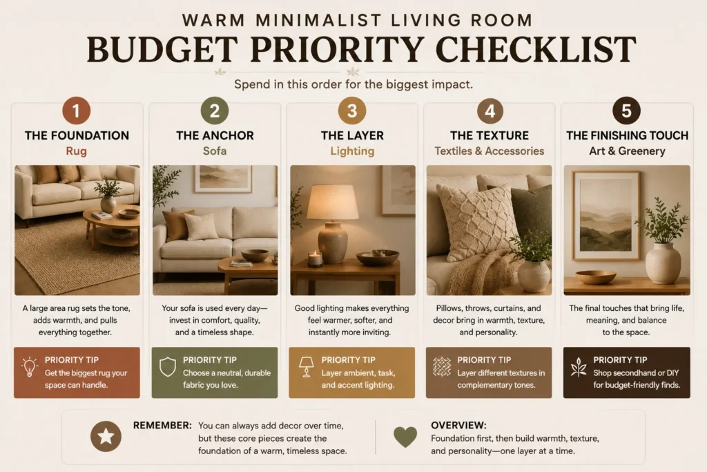 Budget priority checklist for a warm minimalist living room showing the best order to invest in rugs, sofa, lighting, textiles, and decor